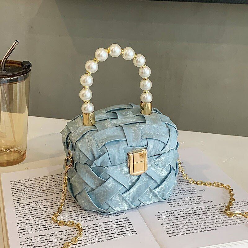 Box Handbags Women Pearl Beads Decor Lock Chain Shoulder Bag Purses Bag