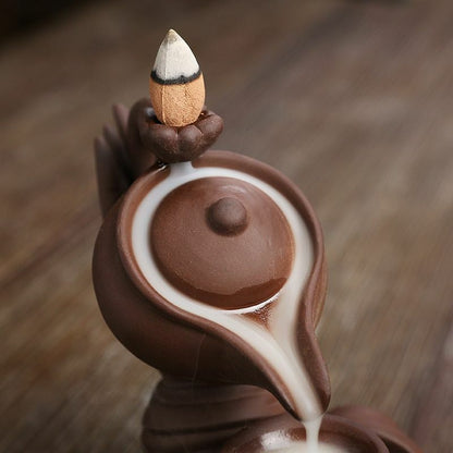 Creative Meditation Zen Buddha Hand Lotus Back flow Incense Burner Home Decor