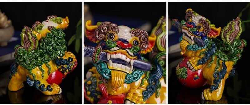 Pair Porcelain Guardian Foo Fu Dog Lion Statue Chinese Feng Shui Home Decor