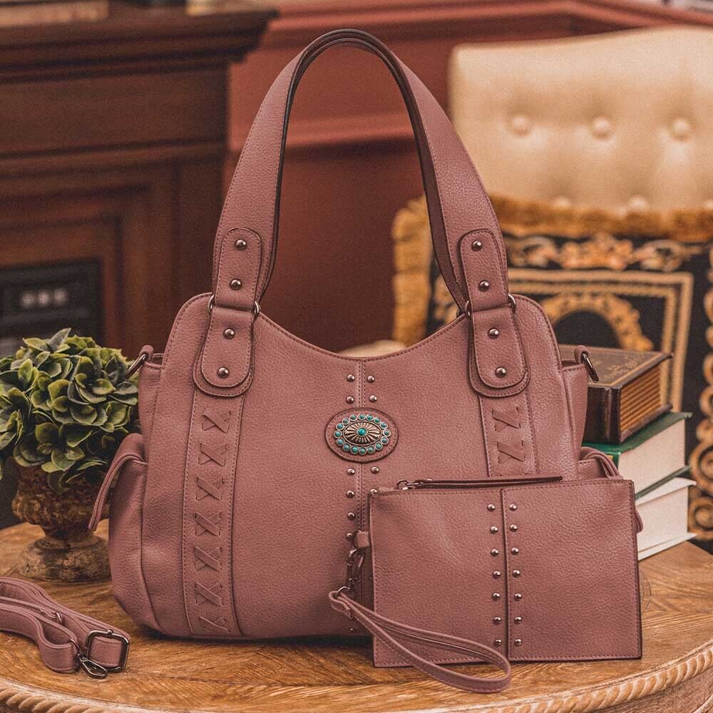 2x Women Shoulder Handbag Bag Concealed Carry Studs Stitch Hobo Bag With Purse