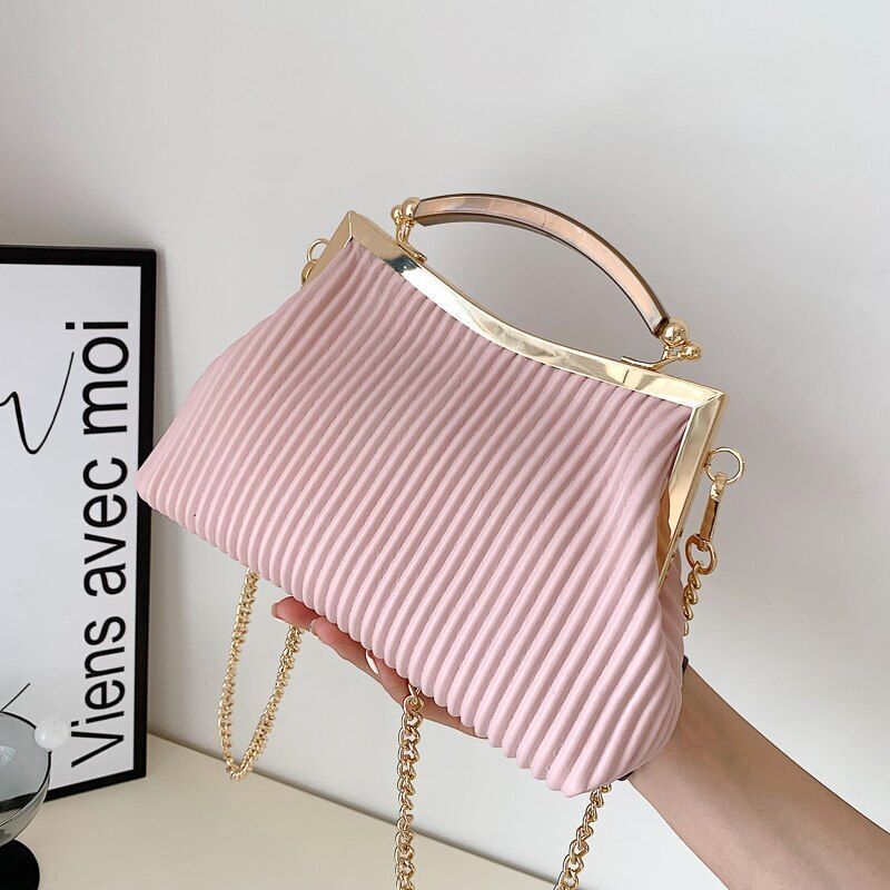 Handbag Mental Handle Pleated Shell Bag Clutch Purse Crossbody 14*23*9 CM Purse