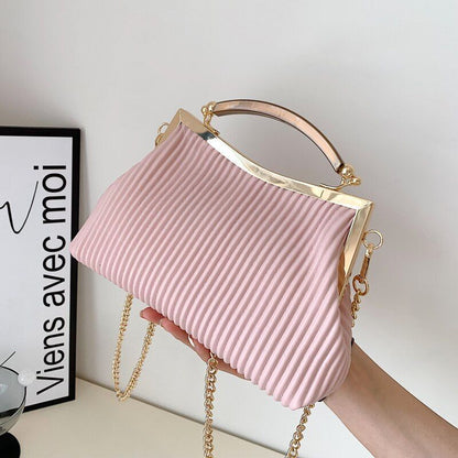Handbag Mental Handle Pleated Shell Bag Clutch Purse Crossbody 14*23*9 CM Purse