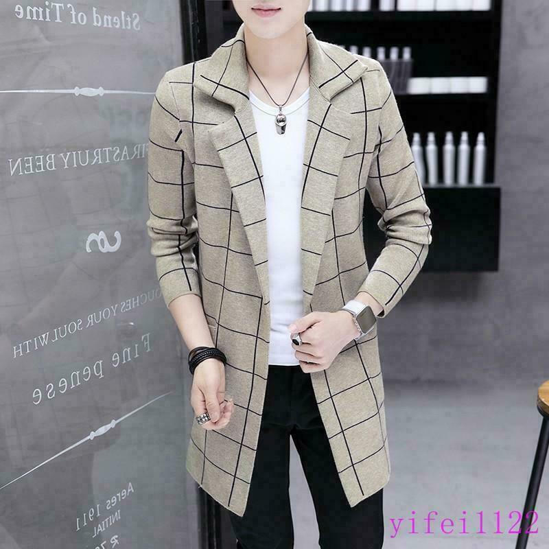Mens Kint Cardigan Sweater Checks Korean Long Slim Lapel Outwears Coats Jackets