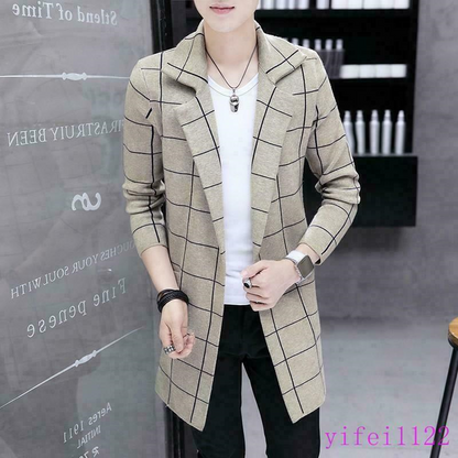 Mens Kint Cardigan Sweater Checks Korean Long Slim Lapel Outwears Coats Jackets
