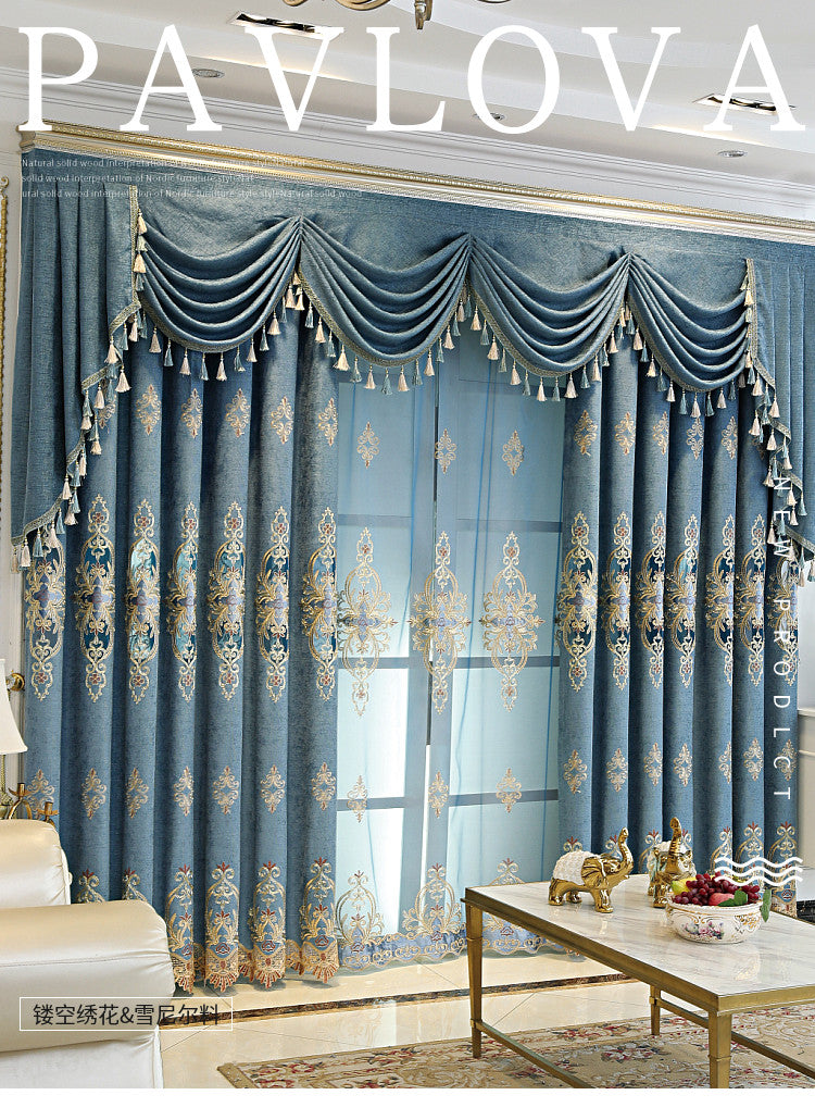 Chenille embroidered European blue cloth curtain tulle valance drape C1296