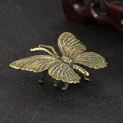 Pure Brass Butterfly Figurine Miniature Ornament Tea Pet Insect Statue Craft Toy