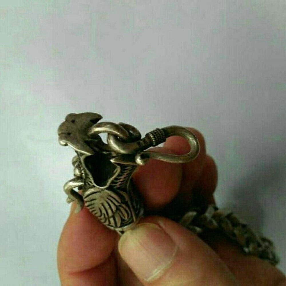 Old Chinese tibet silver carving dragon head Bracelet