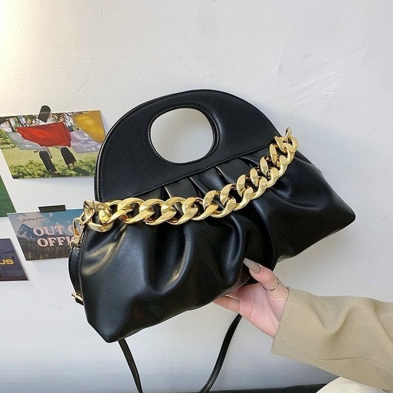 Handbag Thick Chain Handle Pleated Shell Bag Clutch Purses Crossbody Long Belt