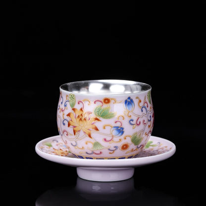 Color Enamel Craft Porcelain Pure Silver Tea Cup With Saucer On Sales 80ml New