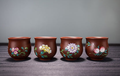 4pcs/lot Marked Tea Cup Chinese Handpainted Cup Real Yixing Zisha Purple Clay