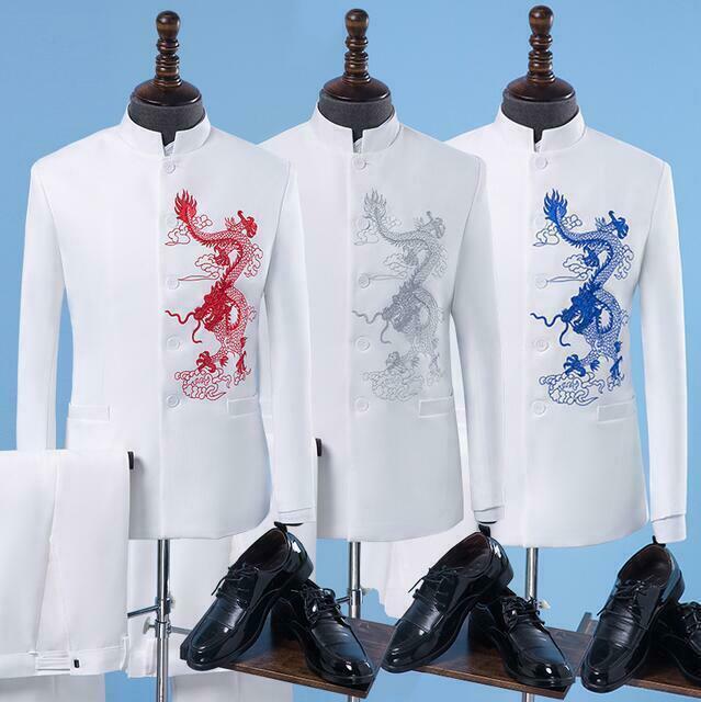 New Mens Chinese Embroidered Stand Collar Suit Slim Fit Jacket Pants Coat 2 Pcs