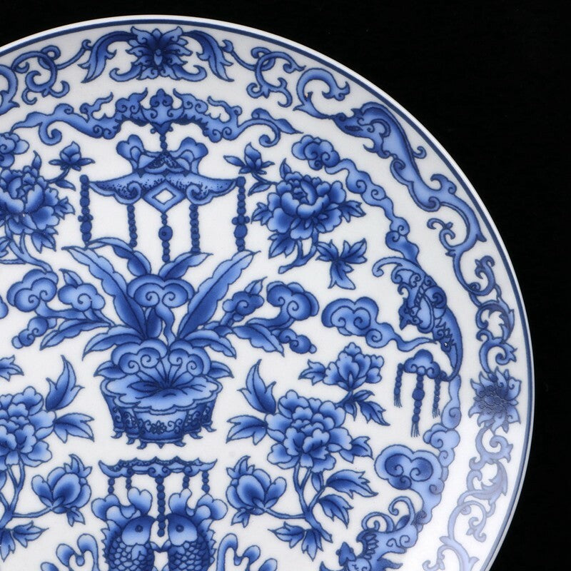 10" Old Chinese Blue and white porcelain Hand Painted Bogu pattern plate