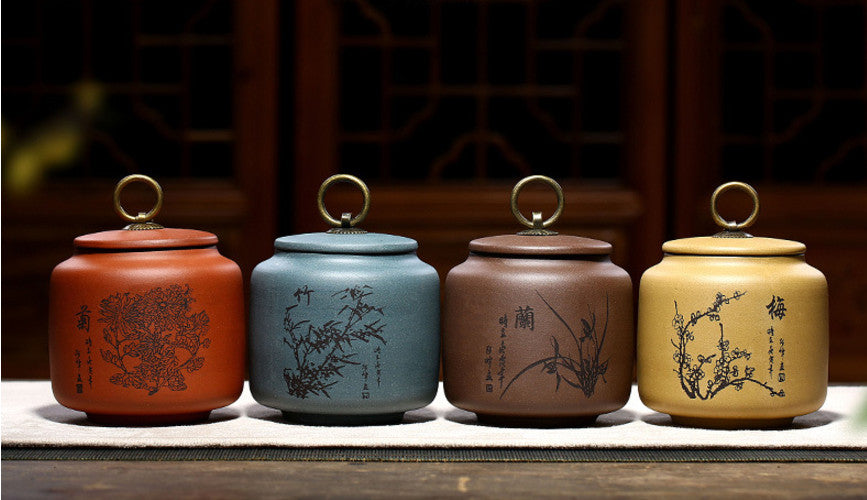 10.5cm China Purple Clay Hand Painted Plum Orchid Bamboo Chrysanthemum Tea Jar