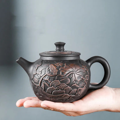 Purple Clay Teapots Beauty Kettle Black Mud Hand Carved Lotus Illustration Pot