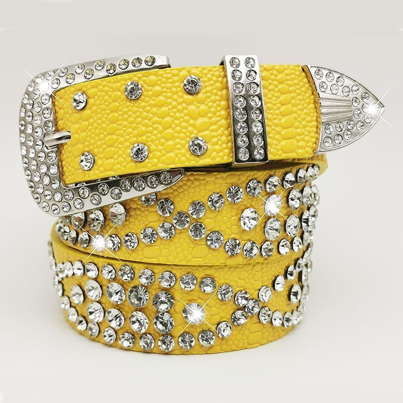 Women Leather Belt Rhinestone Fashion Men Casual Bling Jeans Waistband 110x3.3cm