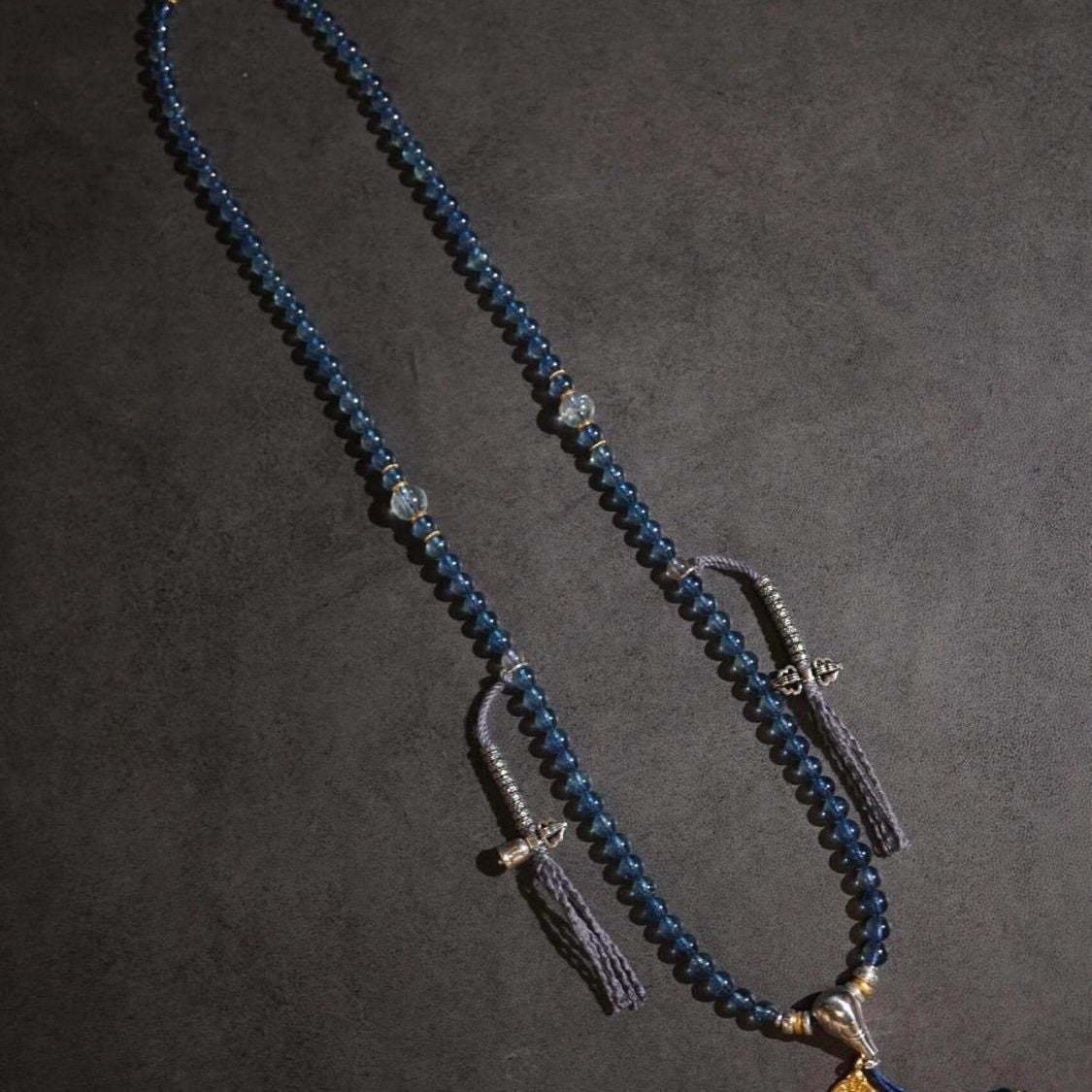 Blue Glass 108 Beads Mala Bracelet Vintage Straight Cut Double Loop Necklace