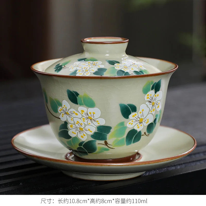 Handmade Ceramic Gaiwan Chinese Teacup Hand-painted Flower Porcelain Tea Cup