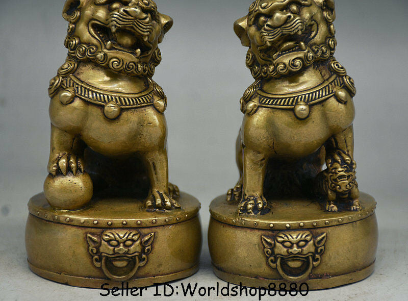 4.4"IN Chinese Old Copper Folk Feng Shui Foo Fu Dog Guardion Lion Drum Statue