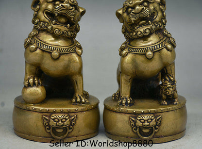 4.4"IN Chinese Old Copper Folk Feng Shui Foo Fu Dog Guardion Lion Drum Statue