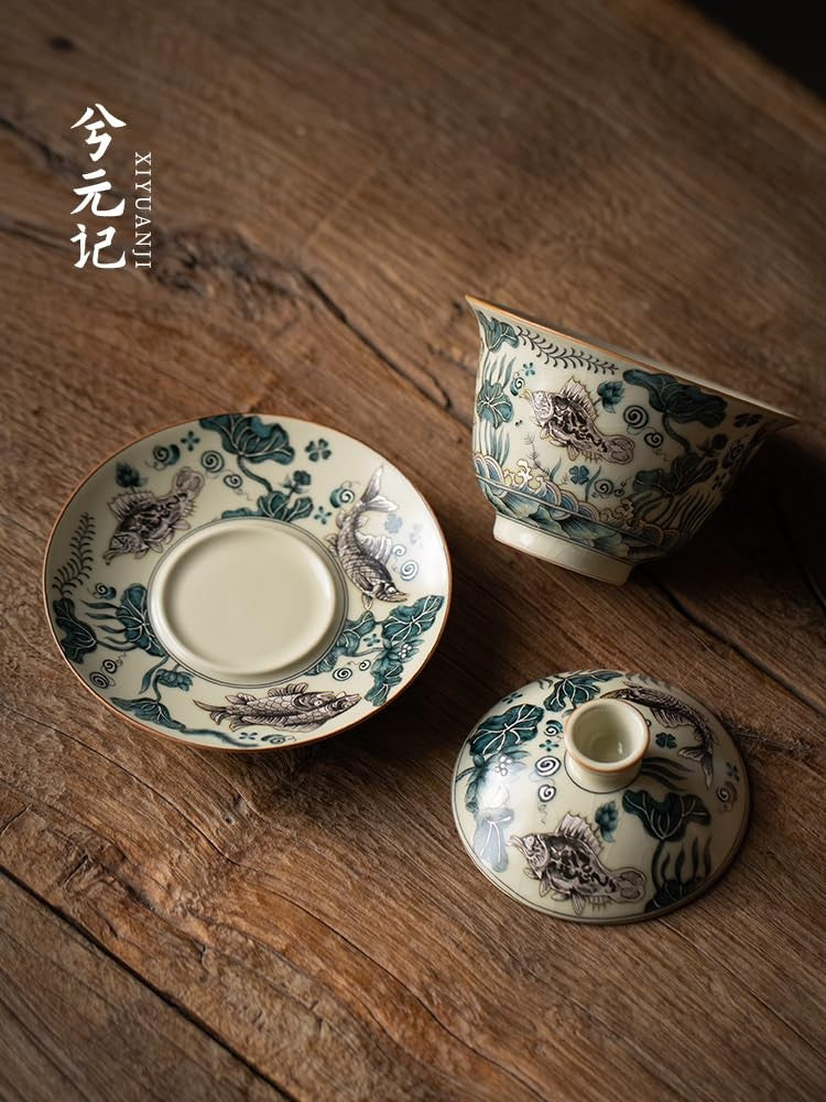 Ruyao Ceramics Gaiwan Tea Set 150ml 5.1oz Beige Pattern Kungfu Tea Set