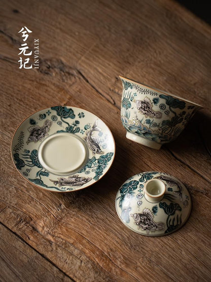 Ruyao Ceramics Gaiwan Tea Set 150ml 5.1oz Beige Pattern Kungfu Tea Set