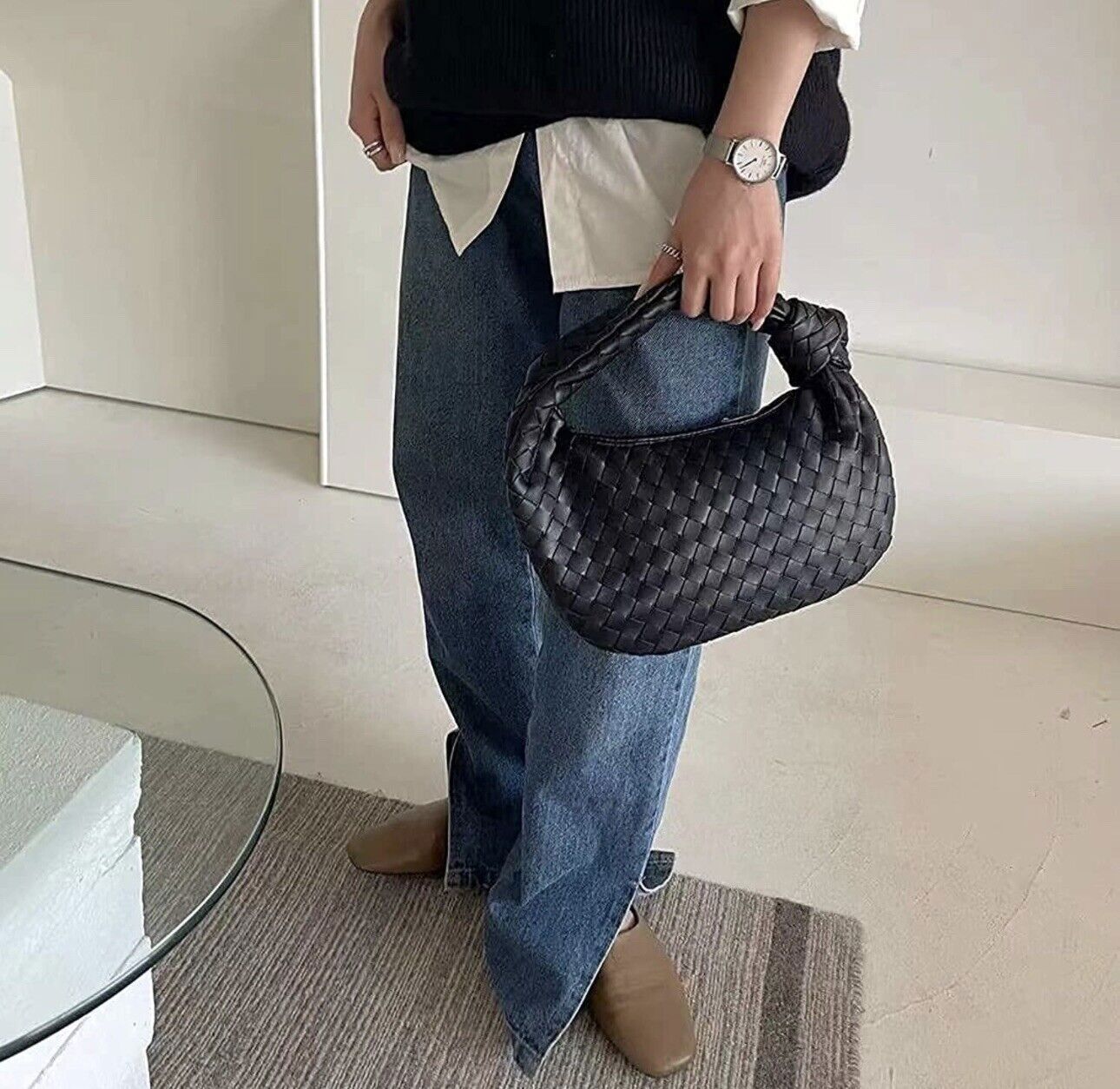 Woven Handbag, Knotted Clutch Bag for Women Soft Leather Hobo Bag Fashion Mini C
