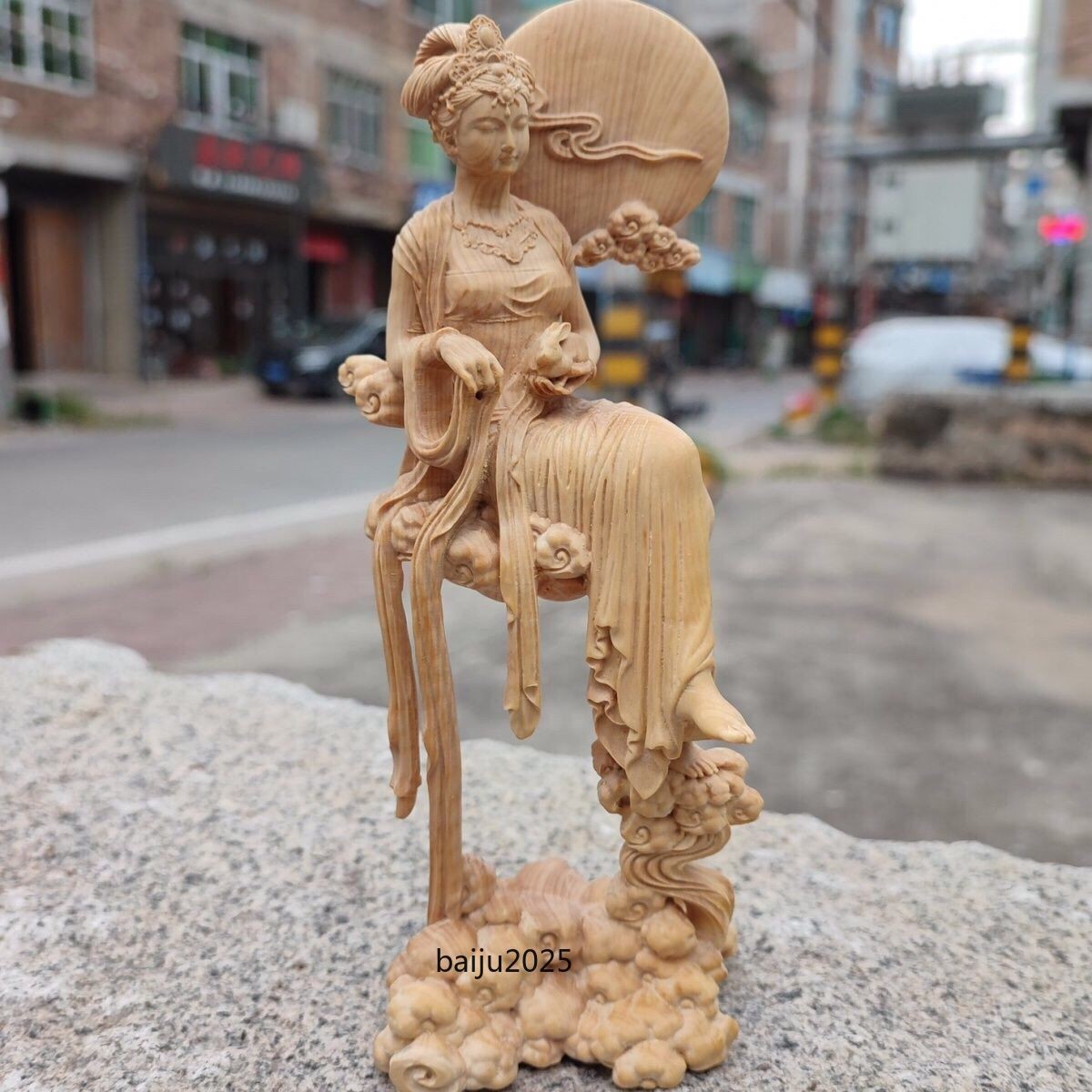 7" Chinese Boxwood Huang-yang Wood Carving Goddess Chang's Fly Moon Statue Decor