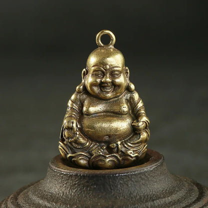 Solid Brass Smiling Maitreya Buddha Figures Tag Keychain Pendant Bodhis