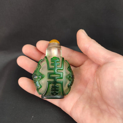 chinese beijing carved glass snuff bottle antique fu bat statue Glaze rare art
