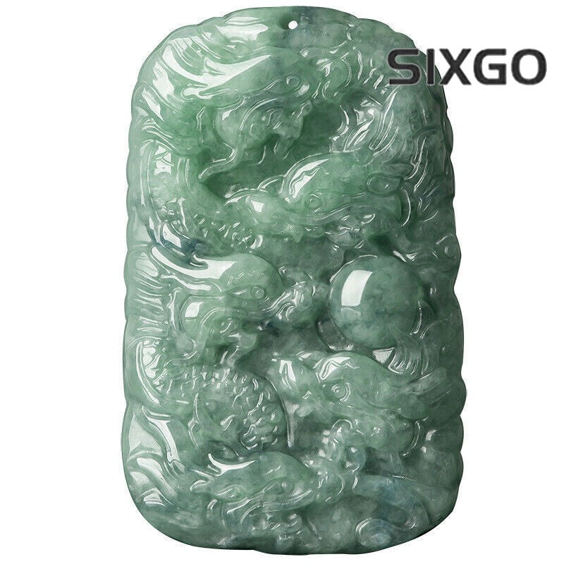 Fine Grade A Natural Green Jade Jadeite Engraved Nine Dragon Oblong Pendant