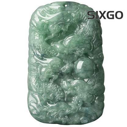 Fine Grade A Natural Green Jade Jadeite Engraved Nine Dragon Oblong Pendant