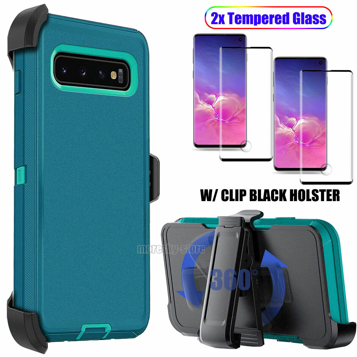 For Samsung Galaxy S10/+/S10e Case, Clip Holster Cover, Tempered Glass Protector