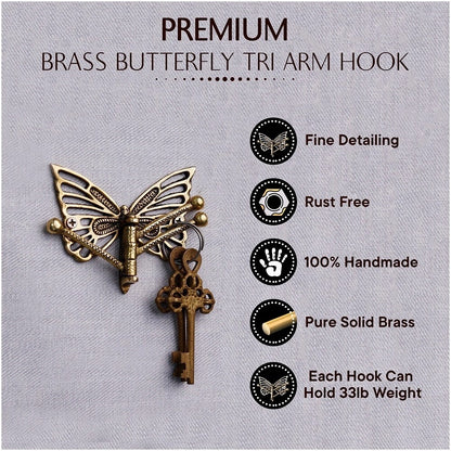 Antique Brass Butterfly Swivel Tri Arm Wall Hook Coat Key Clothes Hat Hanger