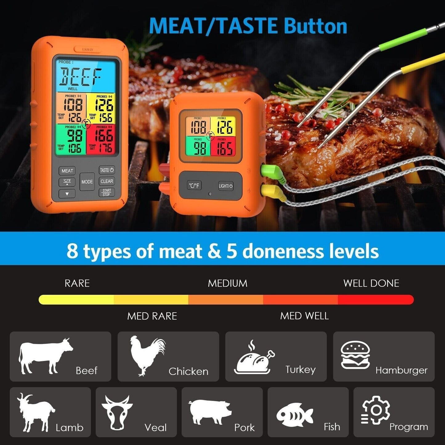 Wireless Meat Smart Thermometer w/ 4 Probes for BBQ Grilling Baking TS-TP40