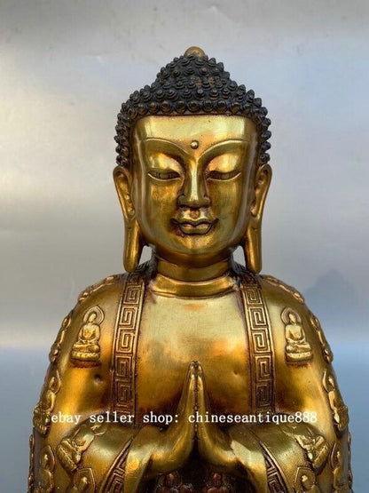 11" Qianlong Year Marked Copper Gilt Shakyamuni Sakyamuni Amitabha Buddha Statue