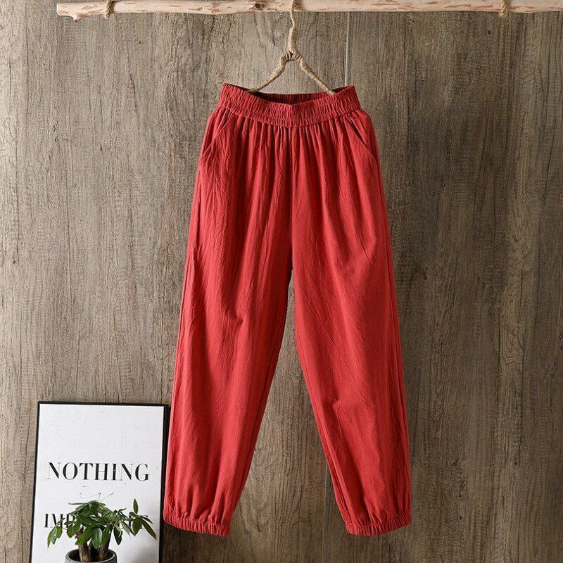 Pants Women Casual Cotton Linen Elastic Waist Solid Basic Retro Loose Trousers