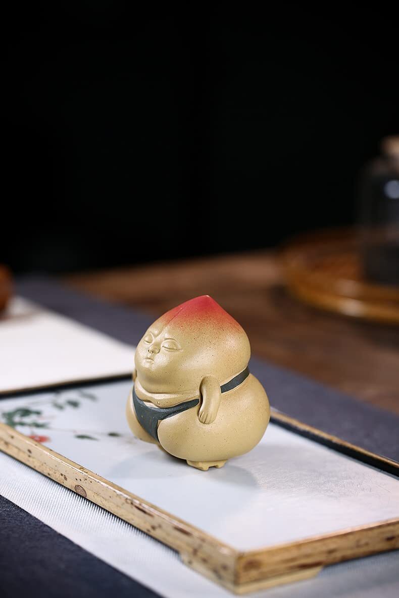 3.4" Handmade Tea Pet Sumo Fat Man Chinese Yixing Carved Peach Fengshui Teapot