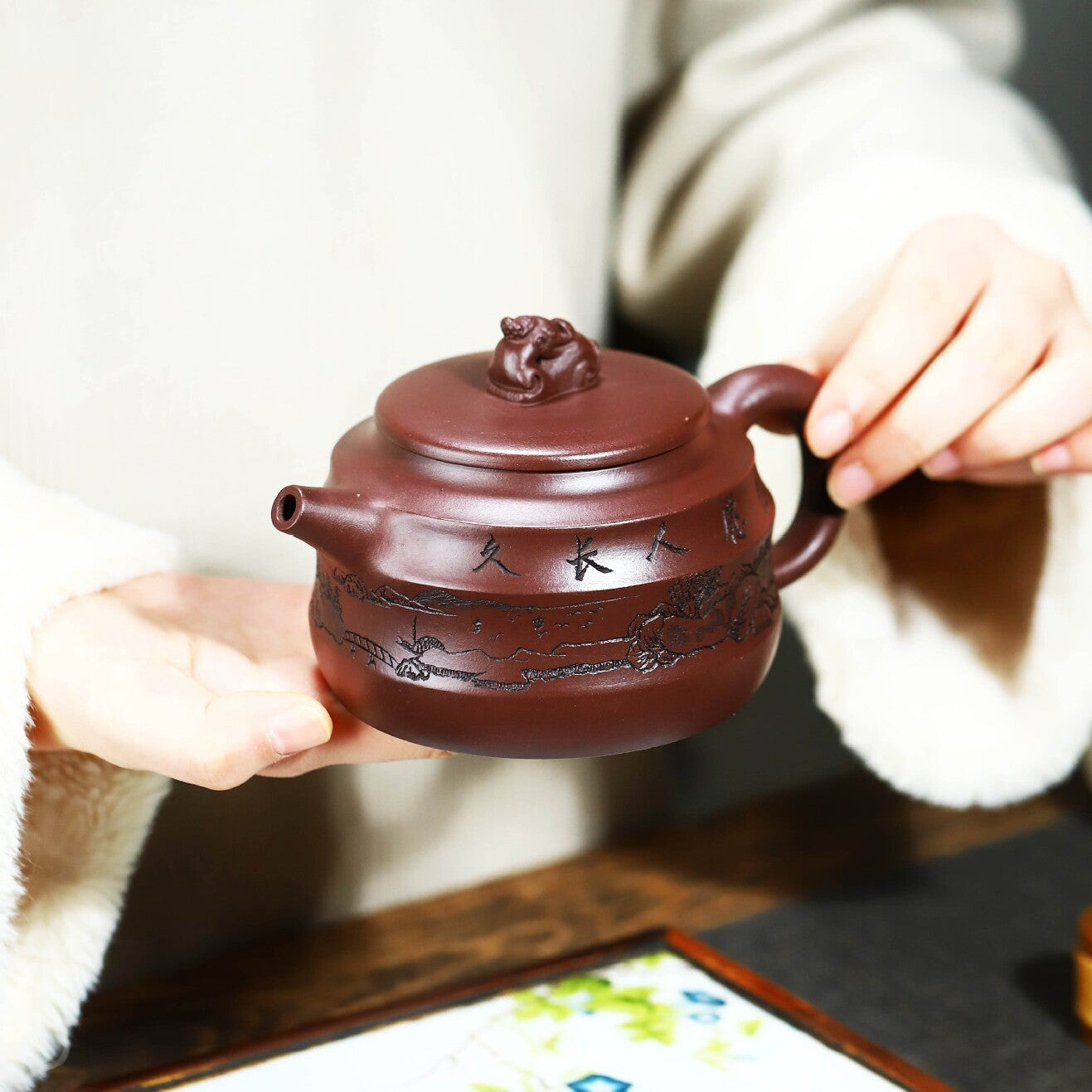 Handmade Carved Real Yixing Zisha Purple Clay Tea Pot Marked Certificate Paper
