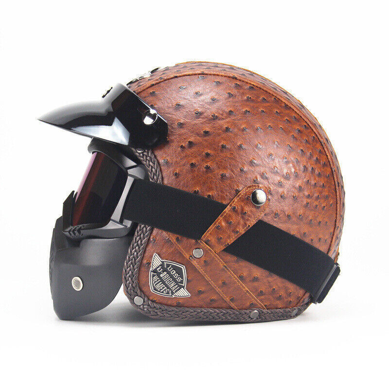 DOT Men Leather Motorcycle Half Face Helmet Goggles Mask Detachable Biker Pilot
