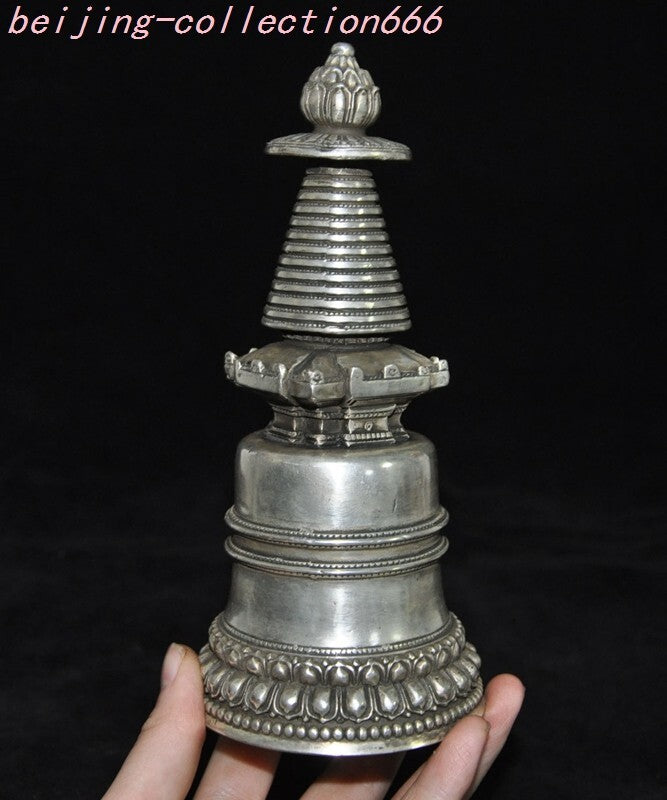 6.4'' Tibet Tibetan Silver Buddhism Temple Buddha Stupa Pagoda Tower Statue