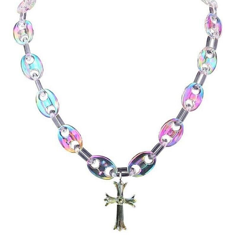 Women Necklace Cross Pendants Trendy Iridescent Acrylic Beads Chain Chokers 50cm