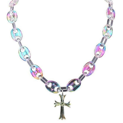 Women Necklace Cross Pendants Trendy Iridescent Acrylic Beads Chain Chokers 50cm