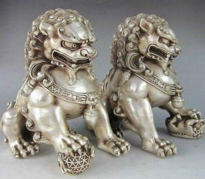 Pair Rare Silver Guardian Lion Foo Fu Dog Statue Collection