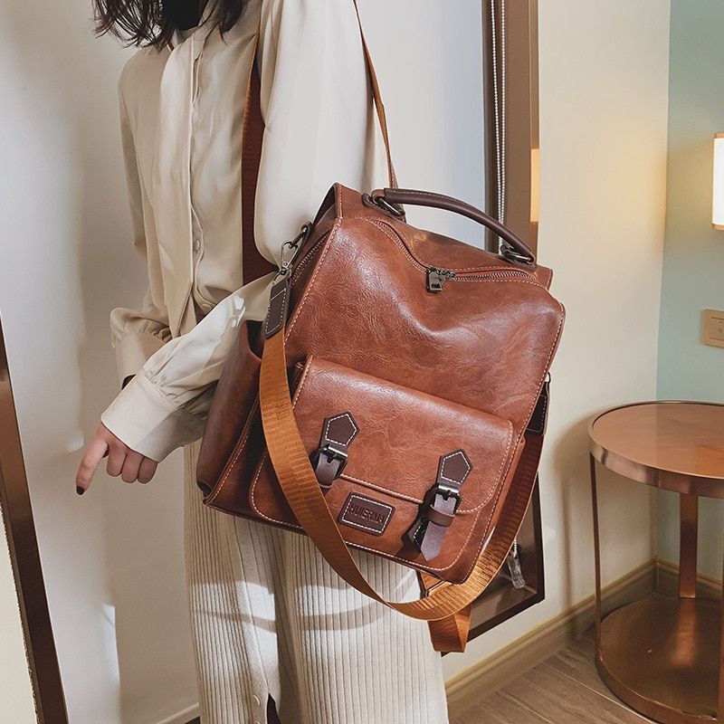 Trendy Backpack Vintage Leather Brown Casual Travel Bag Retro Student School Bag