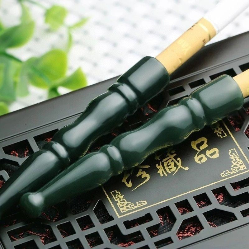 Natural Hetian Jade Cigarette Holder Green Jade Bamboo Joint Pipe Filter Gift