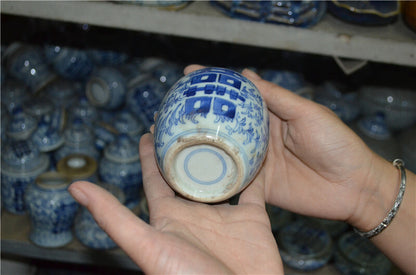 10cm Old China Handwork Blue and White Porcelain Vase Double Happiness