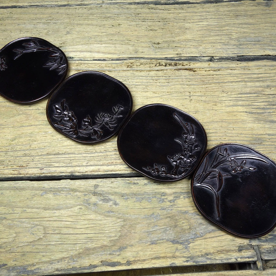 Vintage Sandalwood Carved Plum Orchid Bamboo Chrysanthemum Tea Coasters Set 4pcs
