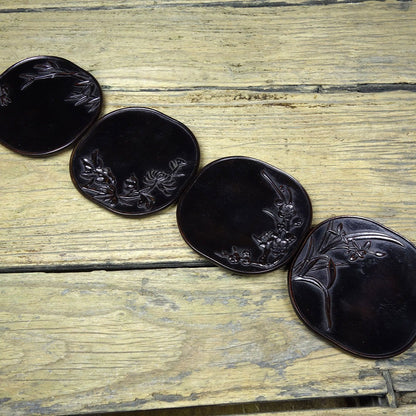 Vintage Sandalwood Carved Plum Orchid Bamboo Chrysanthemum Tea Coasters Set 4pcs