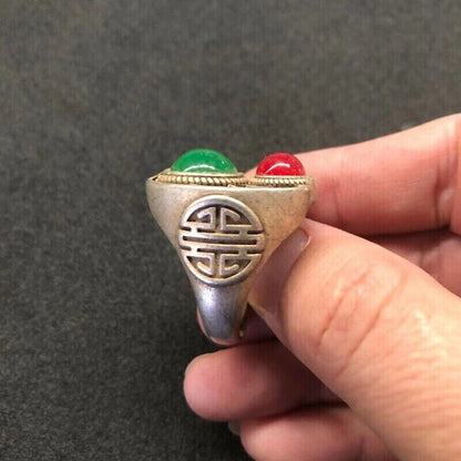 Chinese old Tibet Silver carving Bat pattern Red green jade Ring