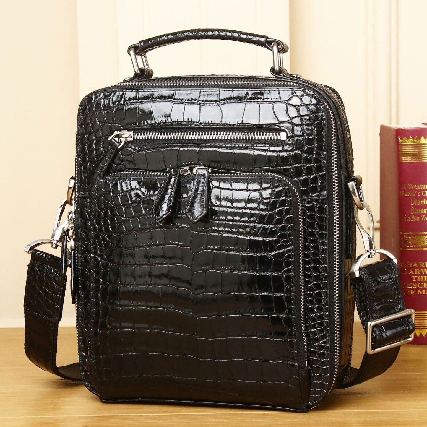 100% Real Leather Shoulder Bag, Designer Crocodile 10" Multifunctional Handbags